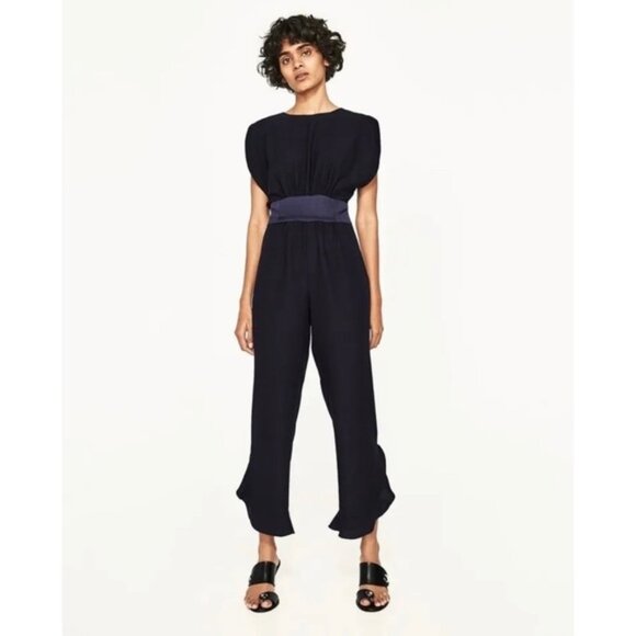 Zara Women's Navy Frilled Leg Sash Waist Sleeveless Jumpsuit - Picture 1 of 11